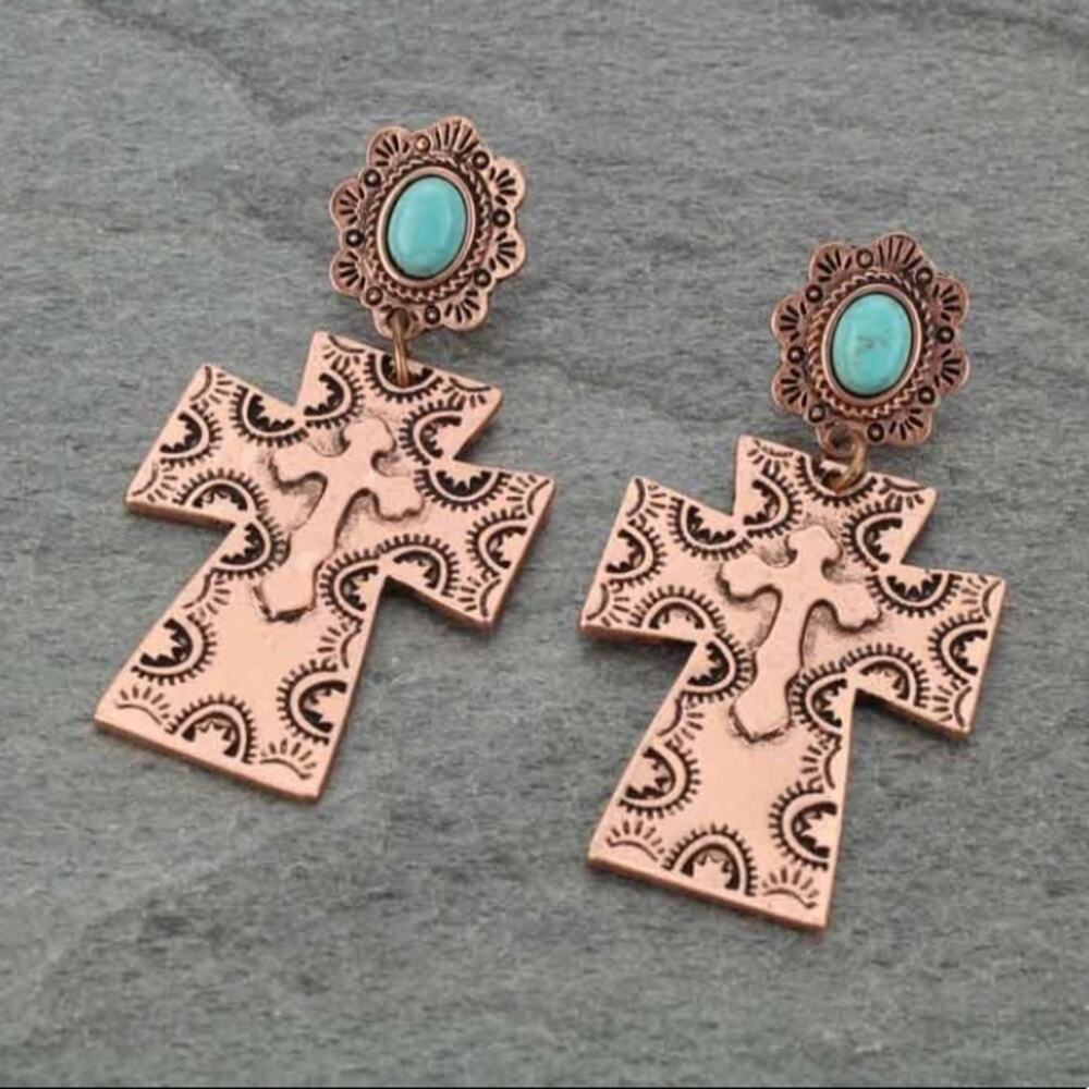 Natural Stone Faux Turquoise Post Earrings Cross